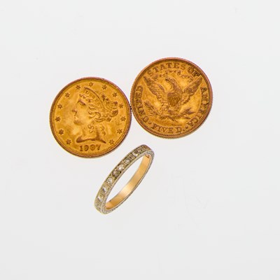 Lot 2018 - Two United States Five Dollar Gold Coins and White Gold and Diamond Band Ring