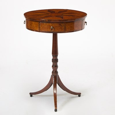 Lot 169 - Regency Style Burl Inlaid Mahogany Drum Table