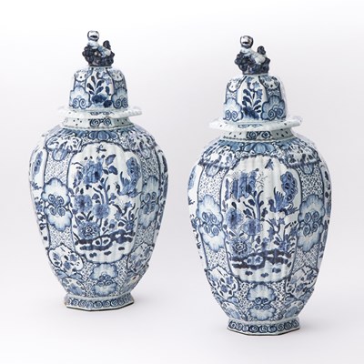 Lot 167 - Pair of Delft Blue and White Decorated Earthenware Covered Jars
