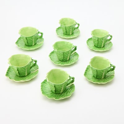Lot 165 - Group of Seven Dodi Thayer Green Glazed Earthenware "Lettuce Ware" Cups and Seven Saucers