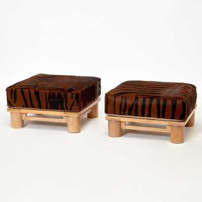 Lot 163 - Pair of Karl Springer Dowel Wood Upholstered Ottomans