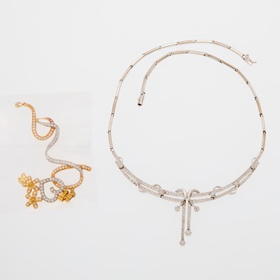 Lot 2051 - White Gold and Diamond Necklace and Two Two-Color Gold Pendants