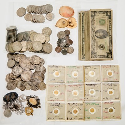Lot 2060 - Group of United States and Foreign Banknotes and Coins, Gold and Silver Jewelry and Replica Commemorative Coins