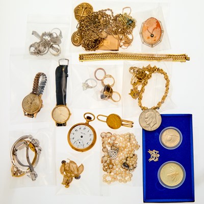 Lot 2061 - Group of Gold and Diamond Jewelry, Wristwatches and Coins