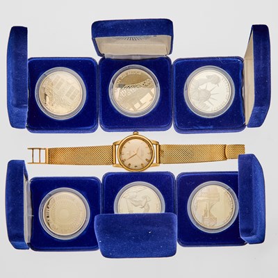 Lot 2069 - Six Silver Commemorative Coins and Gold Omega 'Seamaster' Wristwatch