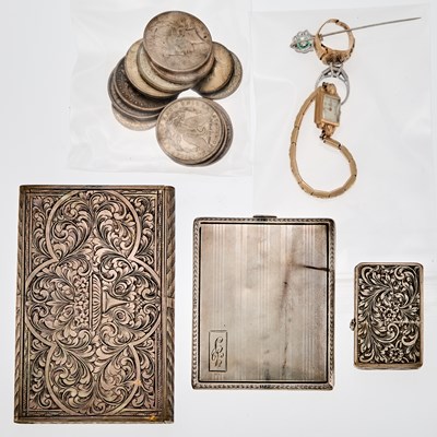 Lot 2082 - Group of United States Silver Coins, Group of Gold, White Gold, Gold-Filled and Platinum Jewelry and Two Silver Cases and Lighter