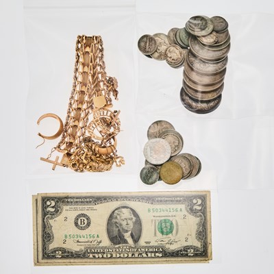 Lot 2083 - Group of United States Banknotes and Silver, Clad and Metal Coins, and Group of Gol, Gold-Filled and Metal Jewelry