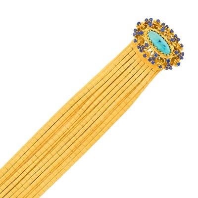 Lot 116 - Multistrand Gold, Matrix Turquoise and Sapphire Bracelet