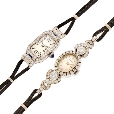 Lot 1218 - Two Ladies Platinum, White Gold Diamond and Sapphire Wristwatches