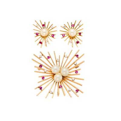 Lot 1131 - Pair of Gold, Cultured Pearl, Ruby and Diamond Earclips and Starburst Brooch