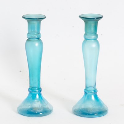 Lot 8 - Pair of Iridescent Blue Glass Candlesticks