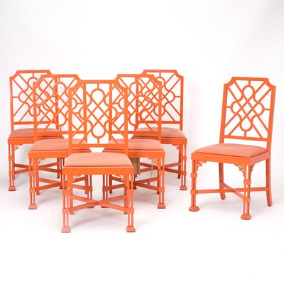 Lot Set of Six Chippendale Style Red Painted Lattice-Back Side Chairs