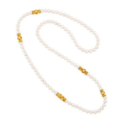 Lot 173 - Long Cultured Pearl, Gold and Diamond Necklace