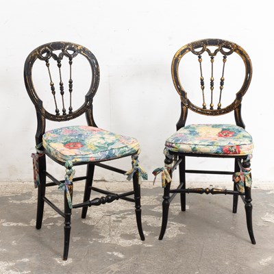 Lot 375 - Pair of Victorian Gilt and Black Japanned Mother of Pearl Inlaid Side Chairs