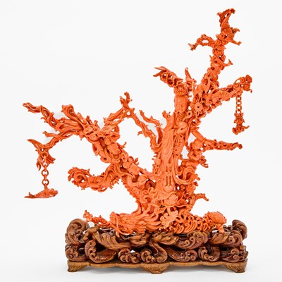 Lot 81 - A Chinese Coral Carving of a Figural Group