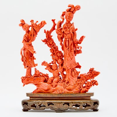 Lot 79 - A Chinese Coral Figural Group Carving