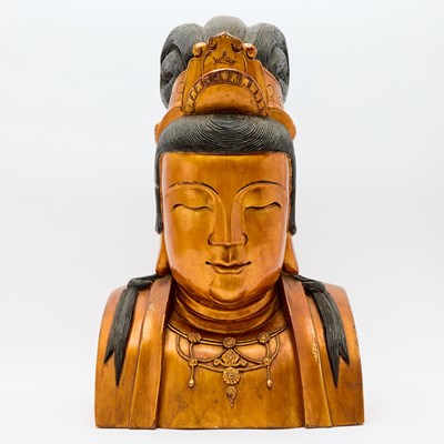 Lot 133 - A Chinese Lacquered Wood Bust of Guanyin