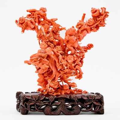 Lot 80 - A Chinese Coral Carving of a Figural Group