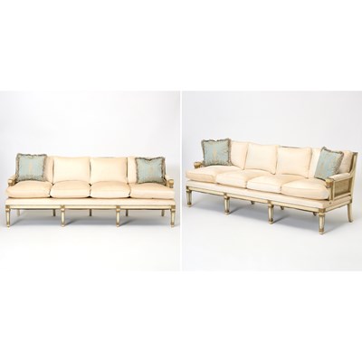 Lot Pair of Neoclassical Style Carved and Painted Wood Upholstered Four-Seat Sofa's