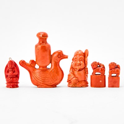 Lot 546 - A Group of Five Chinese Coral Miniature Carvings