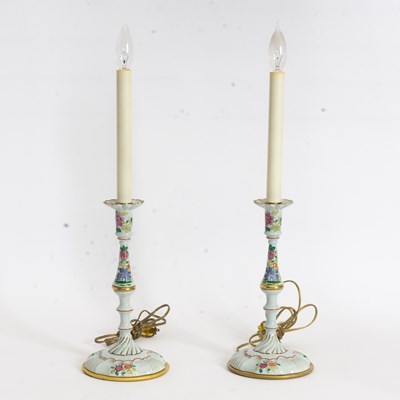 Lot 7 - Pair of Staffordshire Enamel Candlesticks