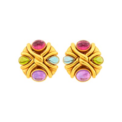 Lot Bulgari Pair of Gold and Cabochon Colored Stone Earclips