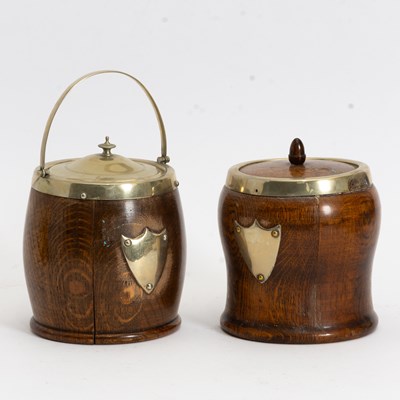 Lot 72 - Two Victorian Silver Plate Mounted Oak Biscuit Barrels
