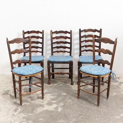 Lot 25 - Assembled Group of Five Pine and Rush Seat Chairs