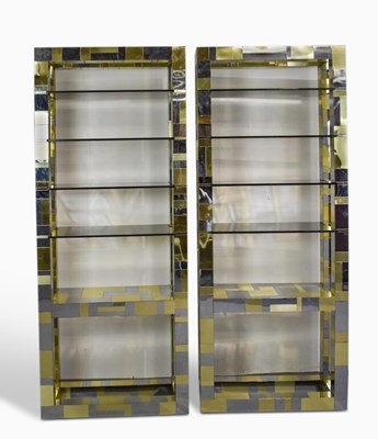 Lot 1128 - Pair of Paul Evans "Cityscape" Chromed Steel, Brass, and Glass Bookshelves