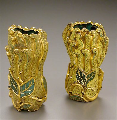 Lot 70 - PAIR OF CHAMPLEVE BUDDHA'S HAND CITRON VASES...