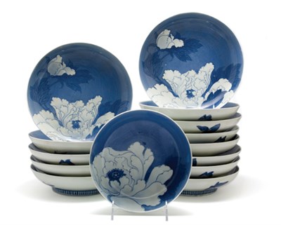 Lot 2342 - Set of Fourteen Japanese Blue and White Glazed...