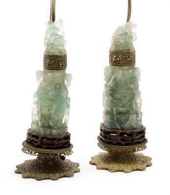 Lot 2139 - Pair of Green Quartz Covered Vases Early 20th...