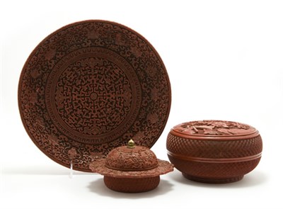 Lot 2143 - Group of Three Chinese Red Lacquer Articles...
