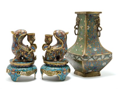 Lot 2017 - Pair of Chinese Cloisonne Taper Stick Holders...