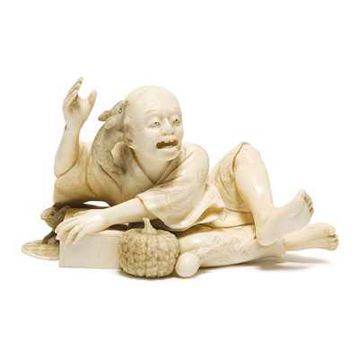 Lot 10 - Japanese Ivory Okimono of a Rat Catcher Meiji...