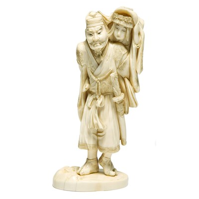 Lot 18 - Japanese Ivory Okimono of a Warrior and Bijin...