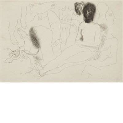 Lot 405 - Pablo Picasso NU ASSIS ENTOURE D'ESQUISES DE...