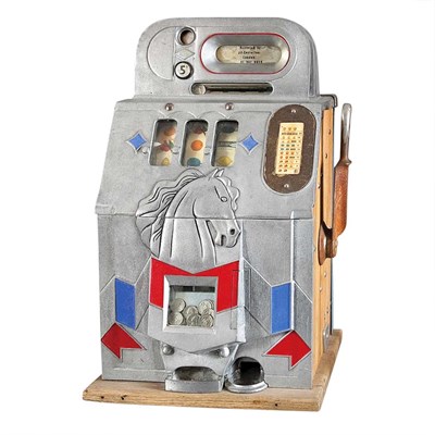 Lot 1087 - English Painted Metal 5 Pence Slot Machine...