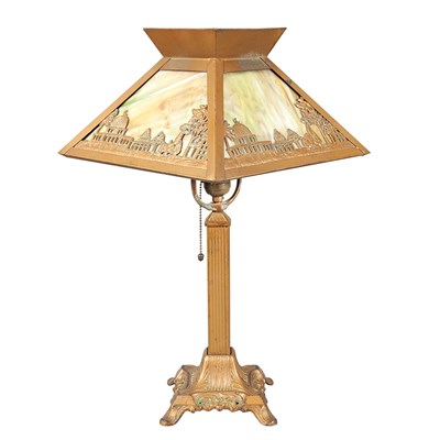 Lot 1093 - Gold Painted Metal and Slag Glass Lamp The...