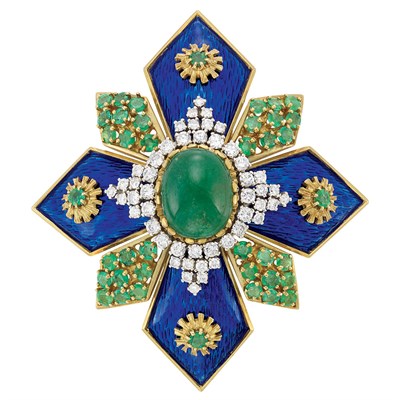 Lot 268 - Gold, Cabochon Emerald, Diamond, Emerald and Blue Enamel Clip-Brooch