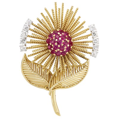 Lot 273 - Gold, Platinum, Ruby and Diamond Flower Clip-Brooch, Sanz