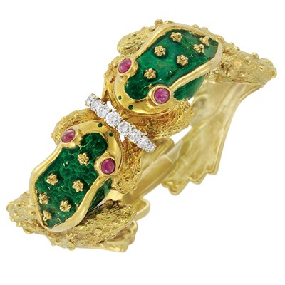 Lot 172 - Gold, Green Enamel, Diamond and Cabochon Ruby Frog Bangle Bracelet, Boris Le Beau