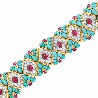 Lot 344 - Gold, Platinum, Diamond, Cabochon Ruby and Turquoise Bracelet