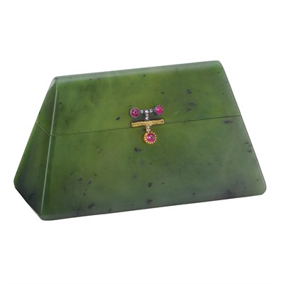 Lot 113 - Nephrite, Silver, Gold, Cabochon Ruby and Diamond Box, France