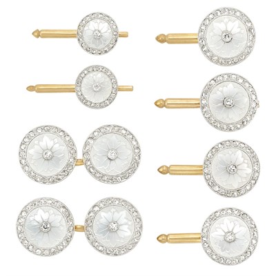 Lot 326 - Platinum, Gold, Engraved Mother-of-Pearl and Diamond Dress Set