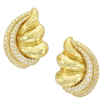 Lot 50 - Pair of Hammered Gold and Diamond Earclips, Henry Dunay