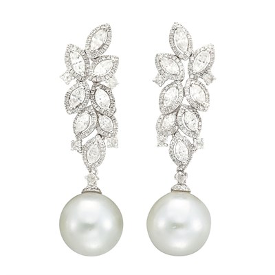 Lot 233 - Pair of White Gold, Diamond and South Sea Cultured Pearl Pendant-Earrings