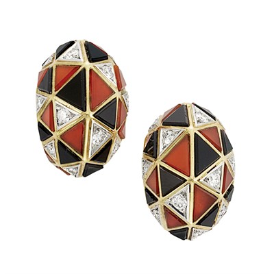 Lot 181 - Pair of Gold, Diamond, Black Onyx and Carnelian Earrings