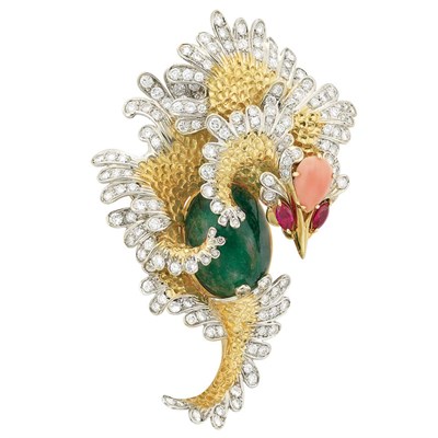 Lot 279 - Two-Color Gold, Cabochon Emerald, Diamond, Coral and Ruby Sea Dragon Clip-Brooch