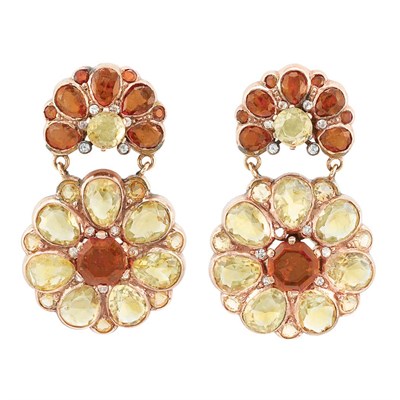 Lot 155 - Pair of Rose Gold, Multicolored Citrine and Diamond Pendant-Earrings